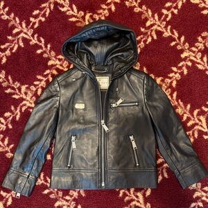 Philipp Plein Black Hooded Leather Jacket for Kids